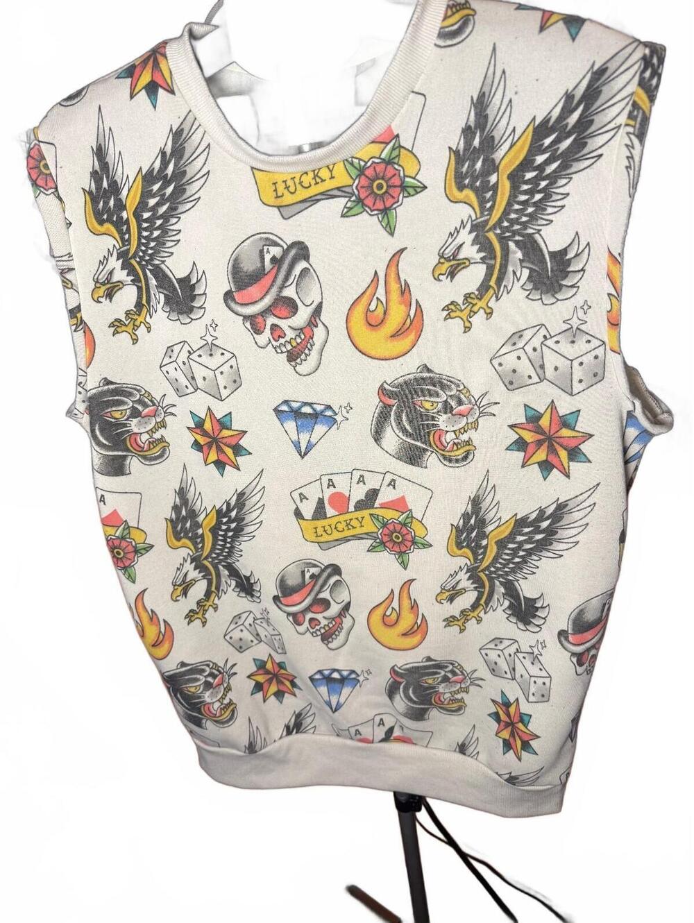 Vintage Rebel Vengeance Tattoo all over Sleeveless Sweatshirt sz L Large
